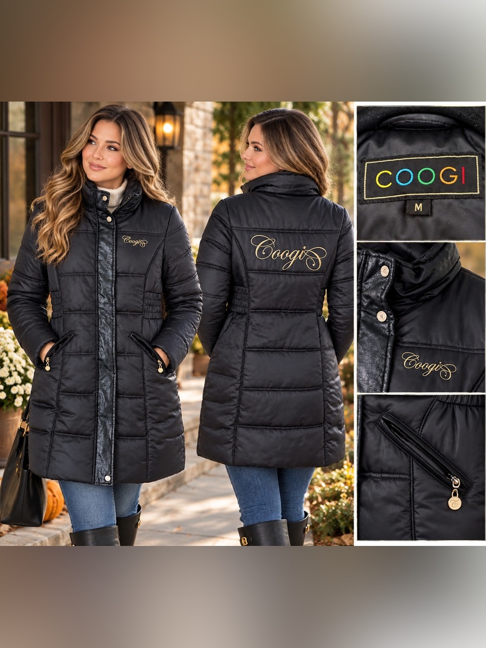 COOGI Black Quilted Mid-Length Puffer Coat with Gold Script Logo size Medium